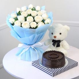 White Roses & Teddy With Cake